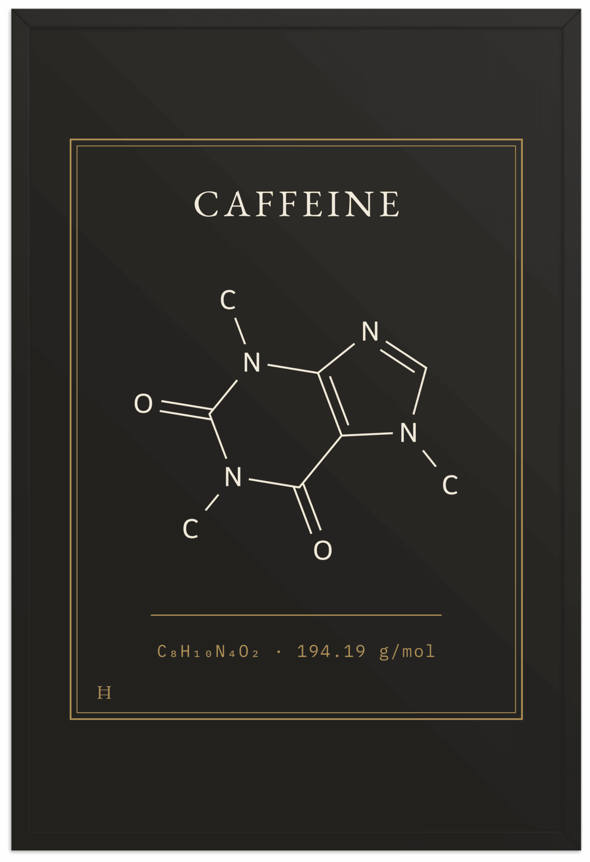 Caffeine — a Holotype plate as a framed 24×36 print: the molecular structure drawn in bone and brass on ink, in a thin black frame.